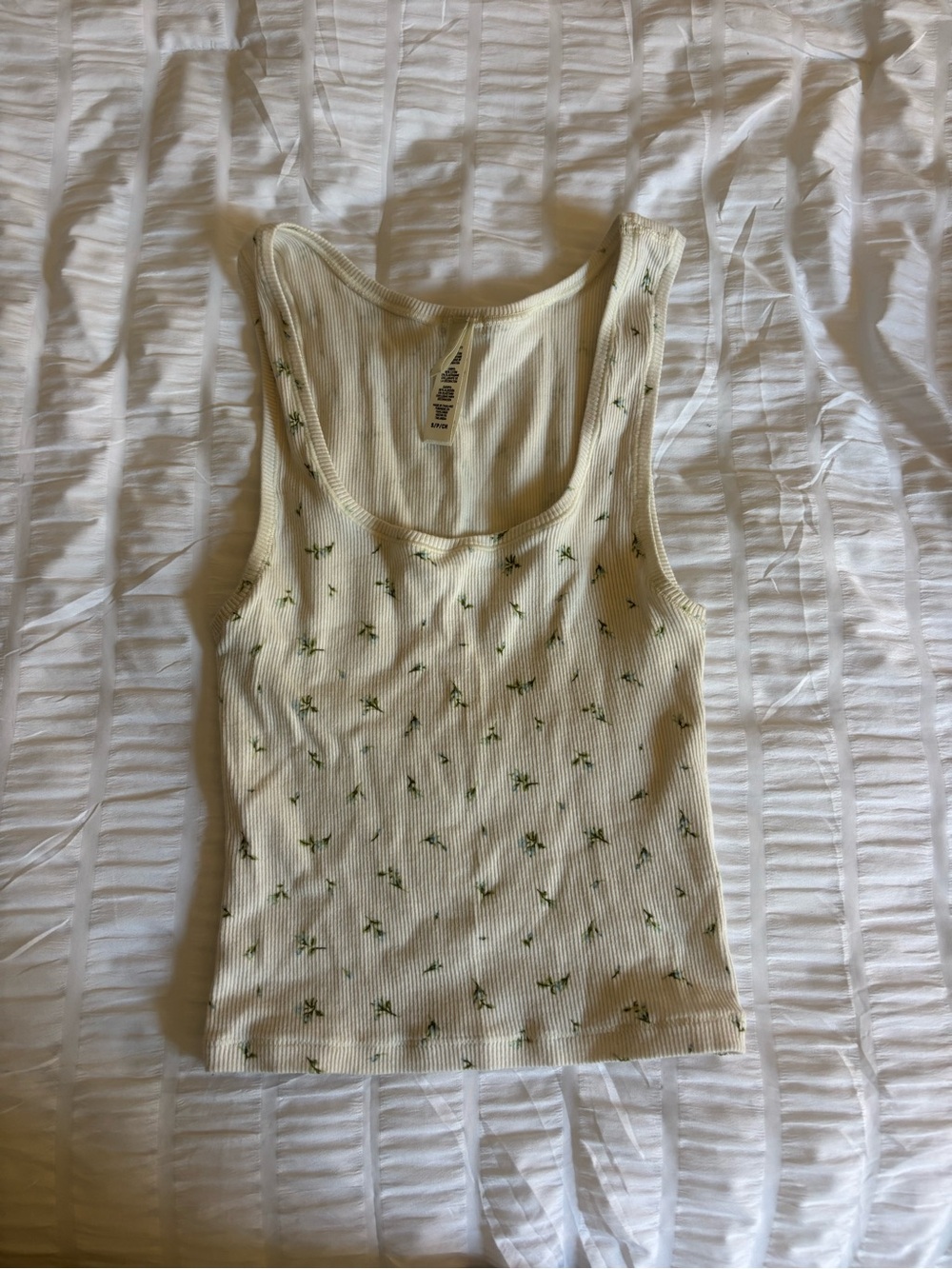 SKIMS Cream Ribbed Tank Top with Green Floral Print
